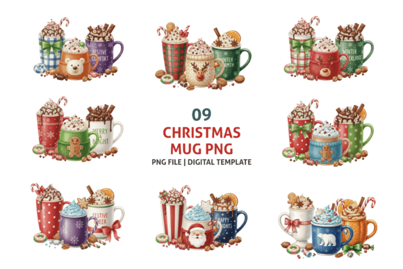 Cute Christmas Mug Clipart PNGs for Festive Designs